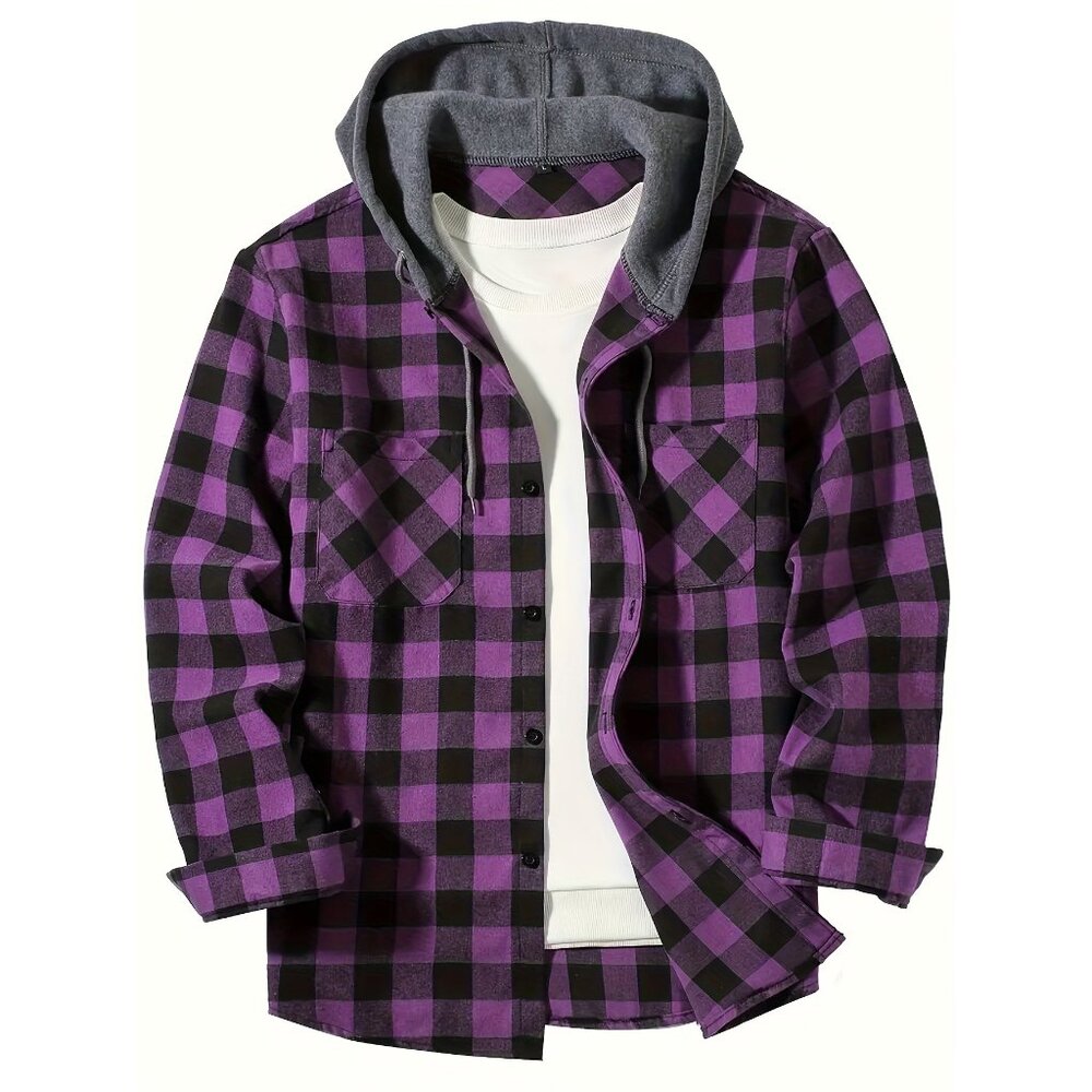 Men's Flannel Hoodie Jacket Casual Long Sleeve Button Down Plaid Shirt Purple